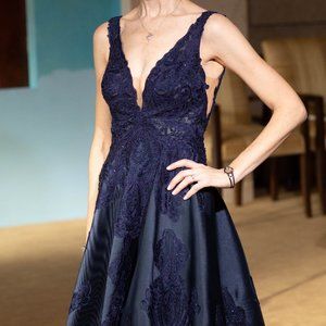 Sleeveless Navy Blue Gown with Intricate Beading Deep V in Front and Back Sz 4